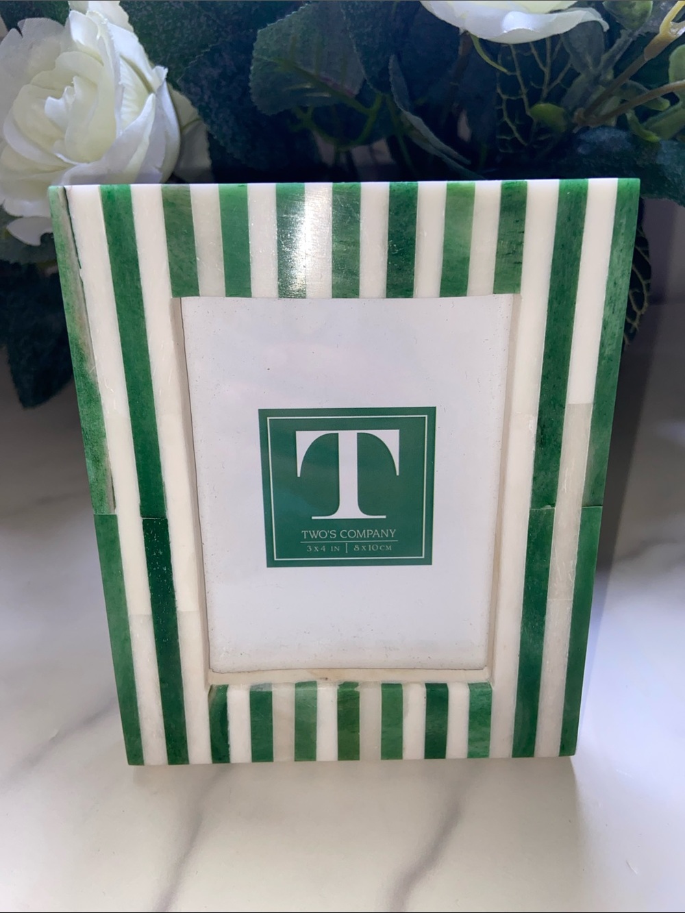 Two's Company Celebration Stripe Emerald and White Striped 3x4 Mini Photo Frame